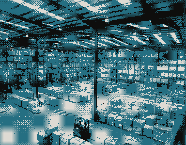 A warehouse with pallet racking, a forklift and staff